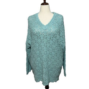 Cotton Forever Sweater Womens 3X Blue Open Knit Crochet V-Neck Long Sleeve NWT